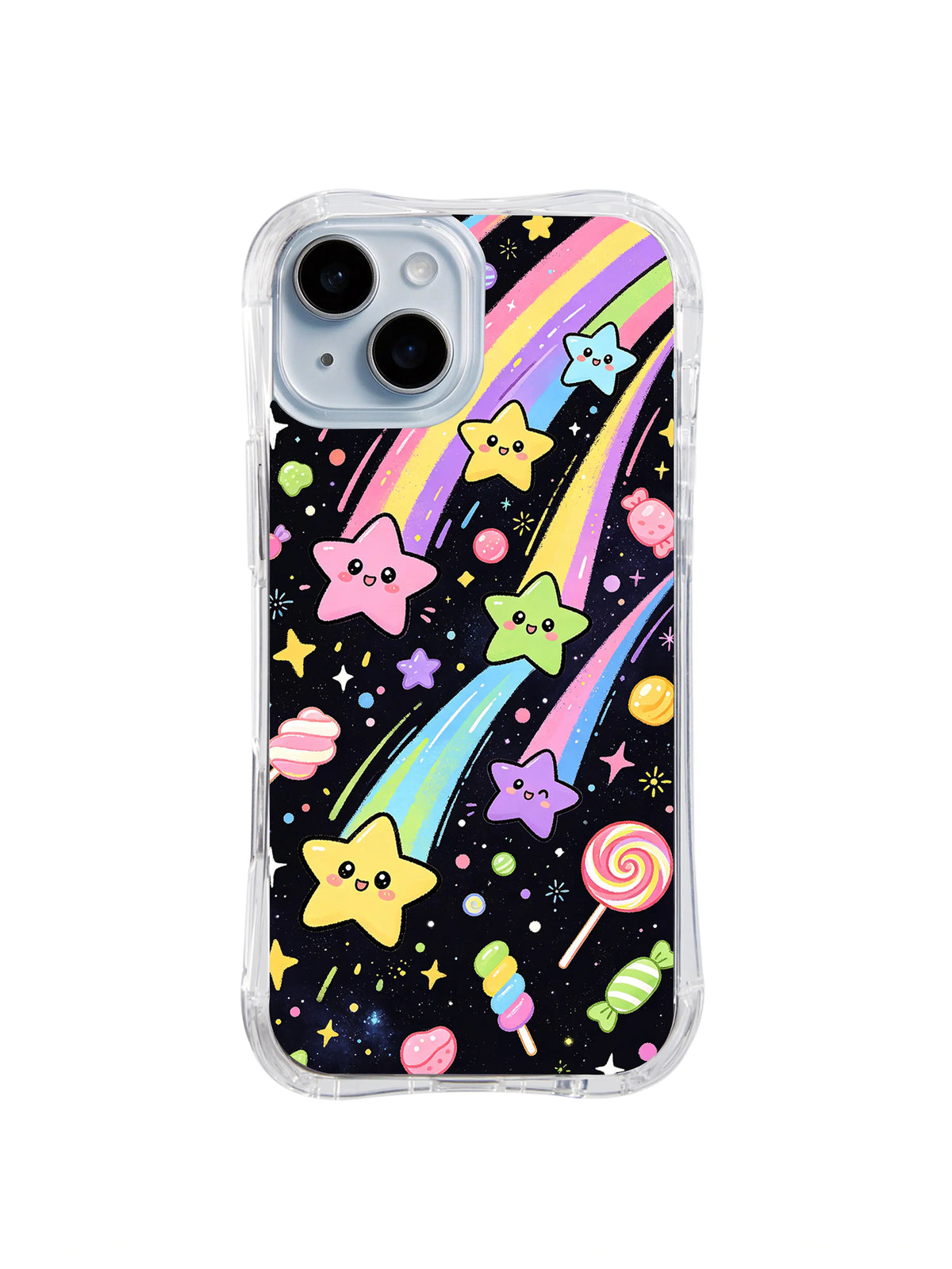 Rainbow Trail Candy Rain: Gülümseyen pastel yıldızlar lolipoplar ve küçük yıldızlar arasında kıvrılan gökkuşağı yollarını izler.