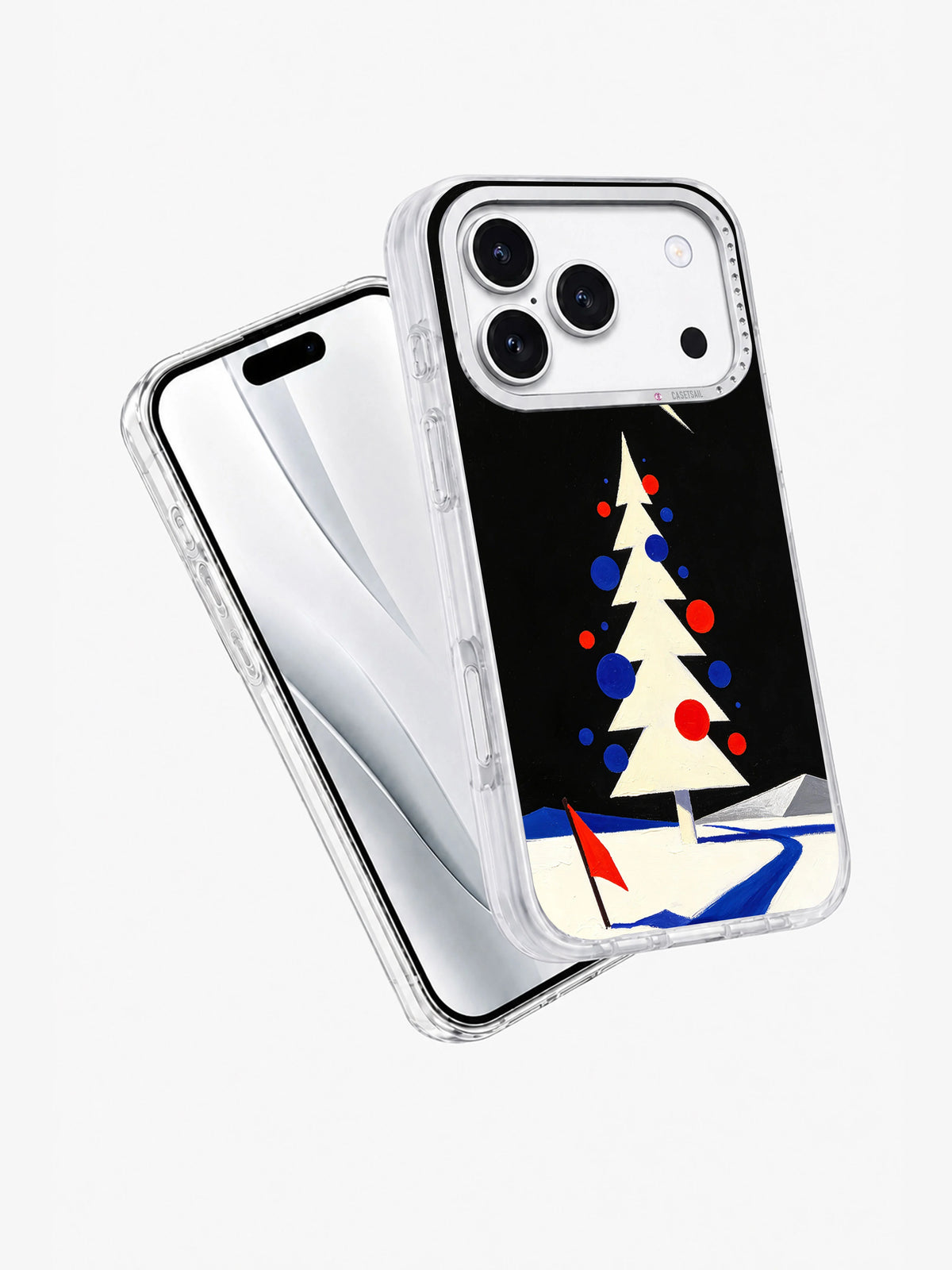 Angled view of the Comet Over Black Velvet artwork on a clear iPhone 17 Pro case