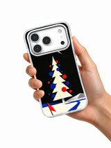 Handheld iPhone 17 Pro case showing the black, ivory, cobalt and scarlet comet tree artwork