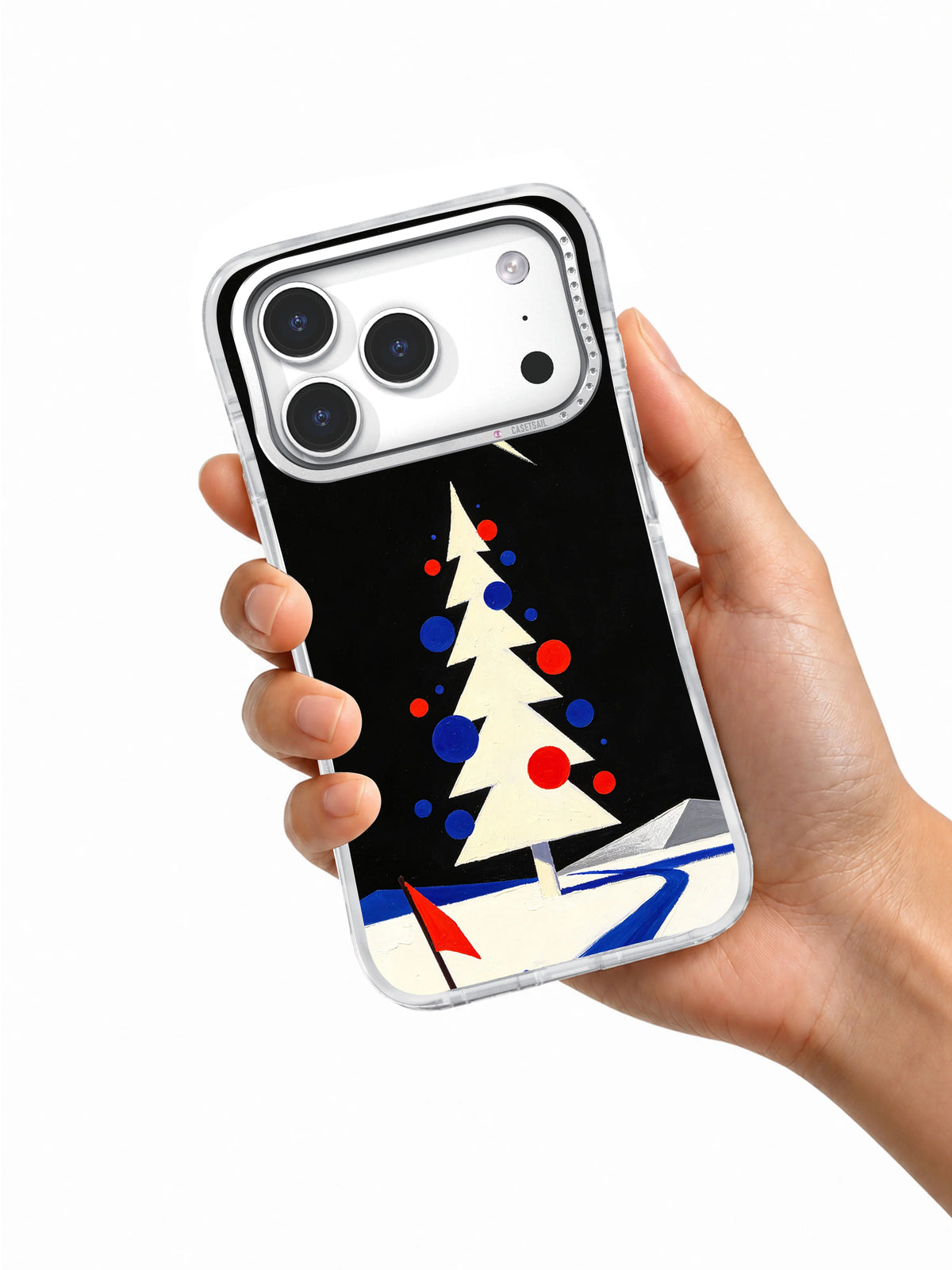 Handheld iPhone 17 Pro case showing the black, ivory, cobalt and scarlet comet tree artwork