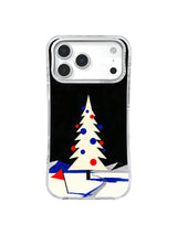 Black velvet comet iPhone case pattern with an ivory winter tree, cobalt accents and scarlet ornaments