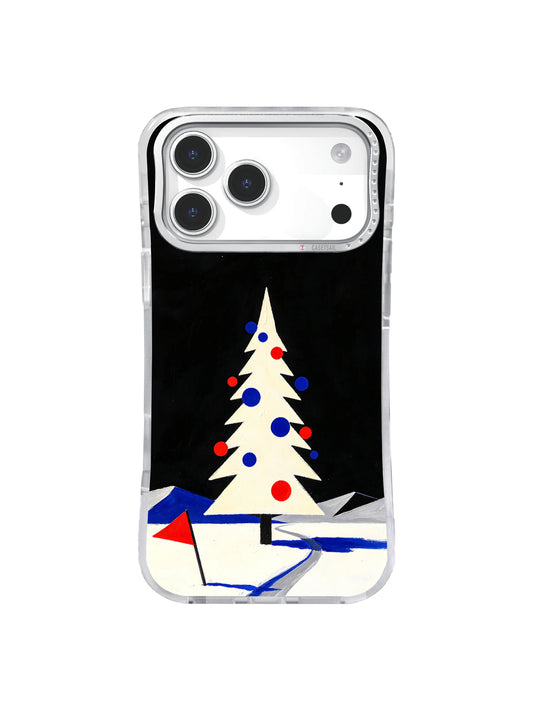 Black velvet comet iPhone case pattern with an ivory winter tree, cobalt accents and scarlet ornaments