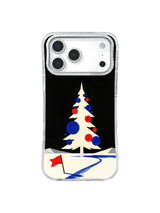 Ivory fir iPhone case pattern on a black sky with electric-blue circles, red dots and angular snow