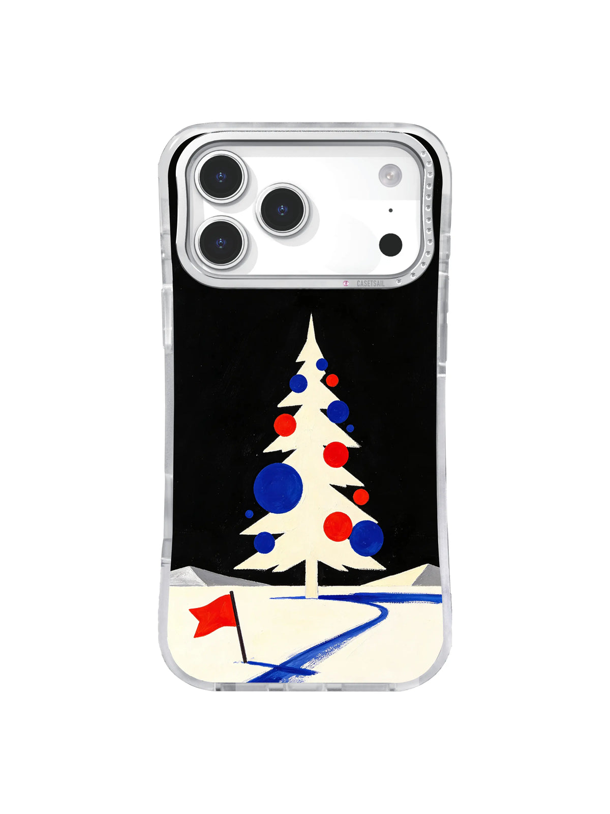 Ivory fir iPhone case pattern on a black sky with electric-blue circles, red dots and angular snow