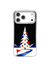 Minimal comet tree iPhone case pattern with a white geometric fir and blue-red winter shapes