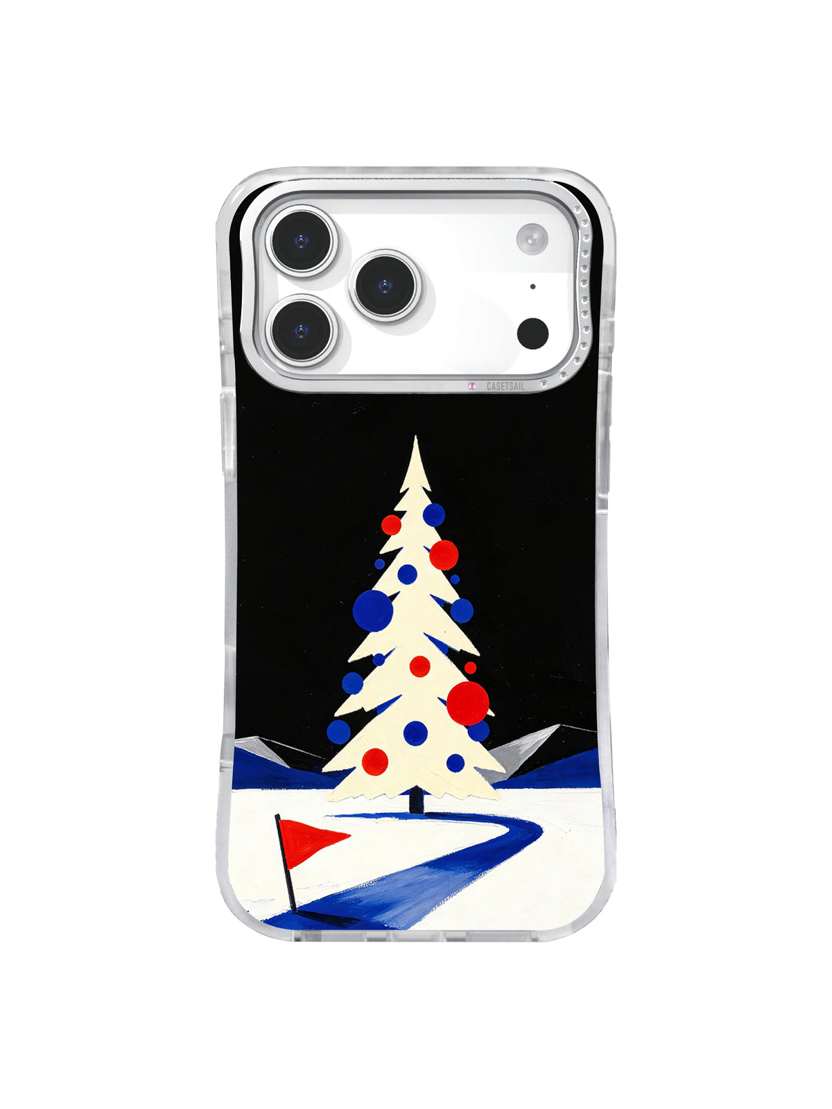Minimal comet tree iPhone case pattern with a white geometric fir and blue-red winter shapes