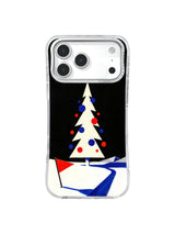 Midnight winter iPhone case pattern with an ivory arrow-topped tree, red ornaments and cobalt snow path