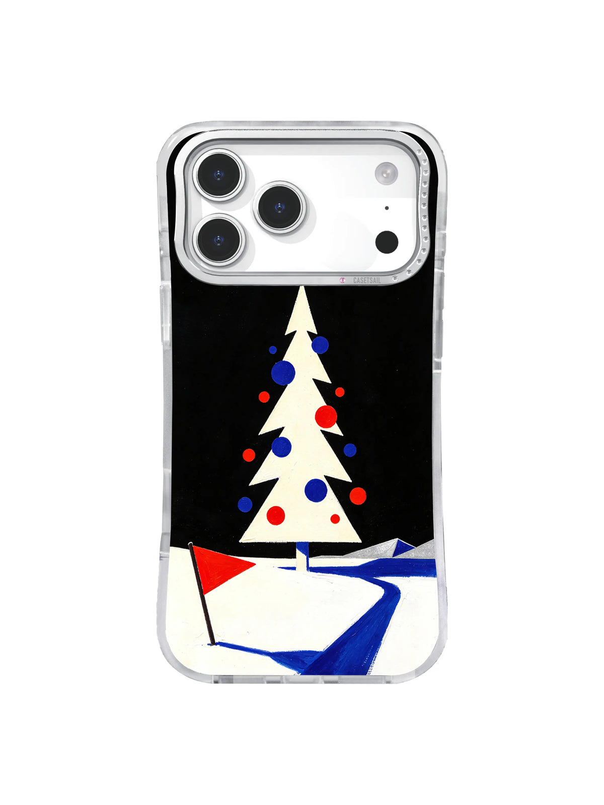 Midnight winter iPhone case pattern with an ivory arrow-topped tree, red ornaments and cobalt snow path
