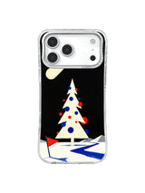 Celestial black iPhone case pattern with a pale comet moon, ivory fir and red-blue geometric snow