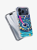 Angled front and back view of Comet Bloom Garden artwork on a clear iPhone 17 Pro Max case