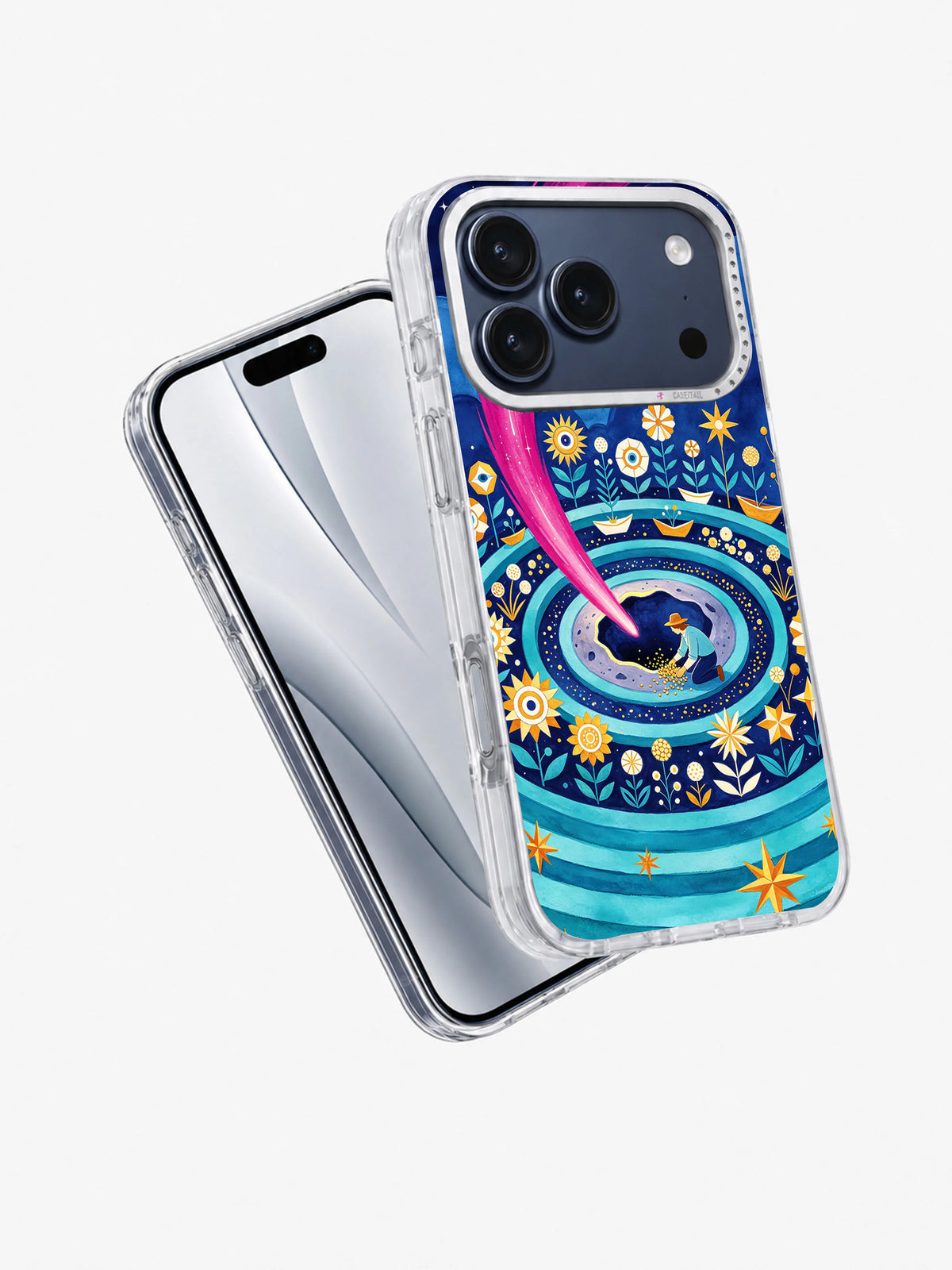 Angled front and back view of Comet Bloom Garden artwork on a clear iPhone 17 Pro Max case