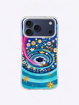 Golden Star Bloom Ring iPhone case artwork with concentric paths, flower faces, and bright starbursts