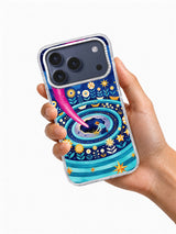 Hand holding a clear iPhone 17 Pro Max case printed with Comet Bloom Garden celestial floral artwork