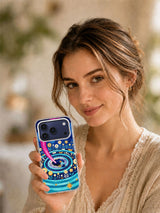 Lifestyle view of Comet Bloom Garden celestial floral artwork on an iPhone 17 Pro Max case