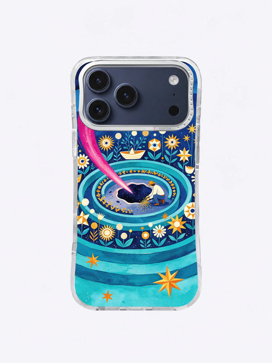 Pink Comet Seedfall iPhone case artwork with magenta comet, turquoise garden ring, and golden flowers