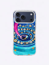 Sunflower Orbit Garden iPhone case artwork with yellow blooms, midnight-blue paths, and small stars