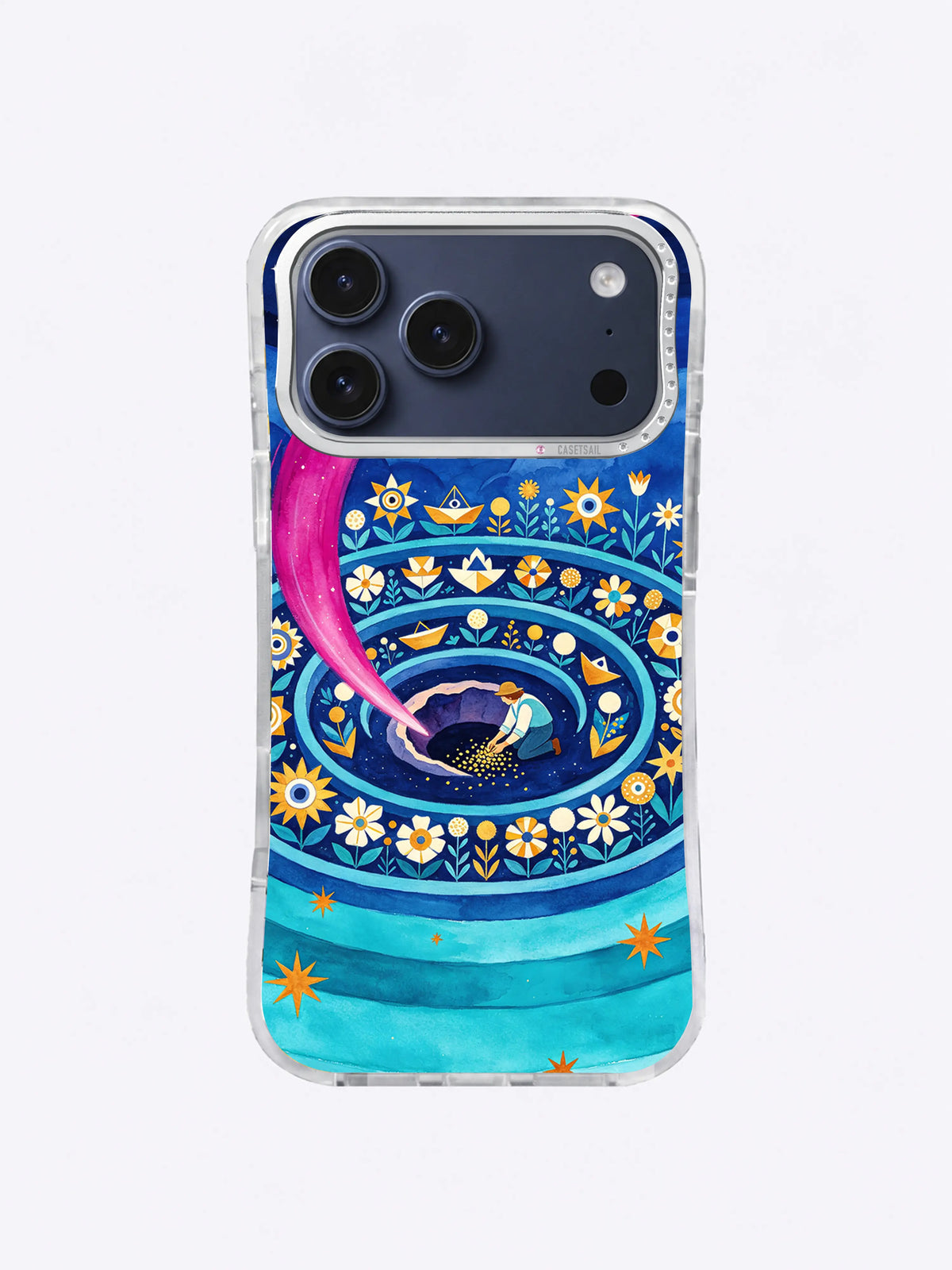 Sunflower Orbit Garden iPhone case artwork with yellow blooms, midnight-blue paths, and small stars
