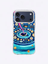 Turquoise Moonbed iPhone case artwork with aqua garden bands, pink comet, and celestial flowers