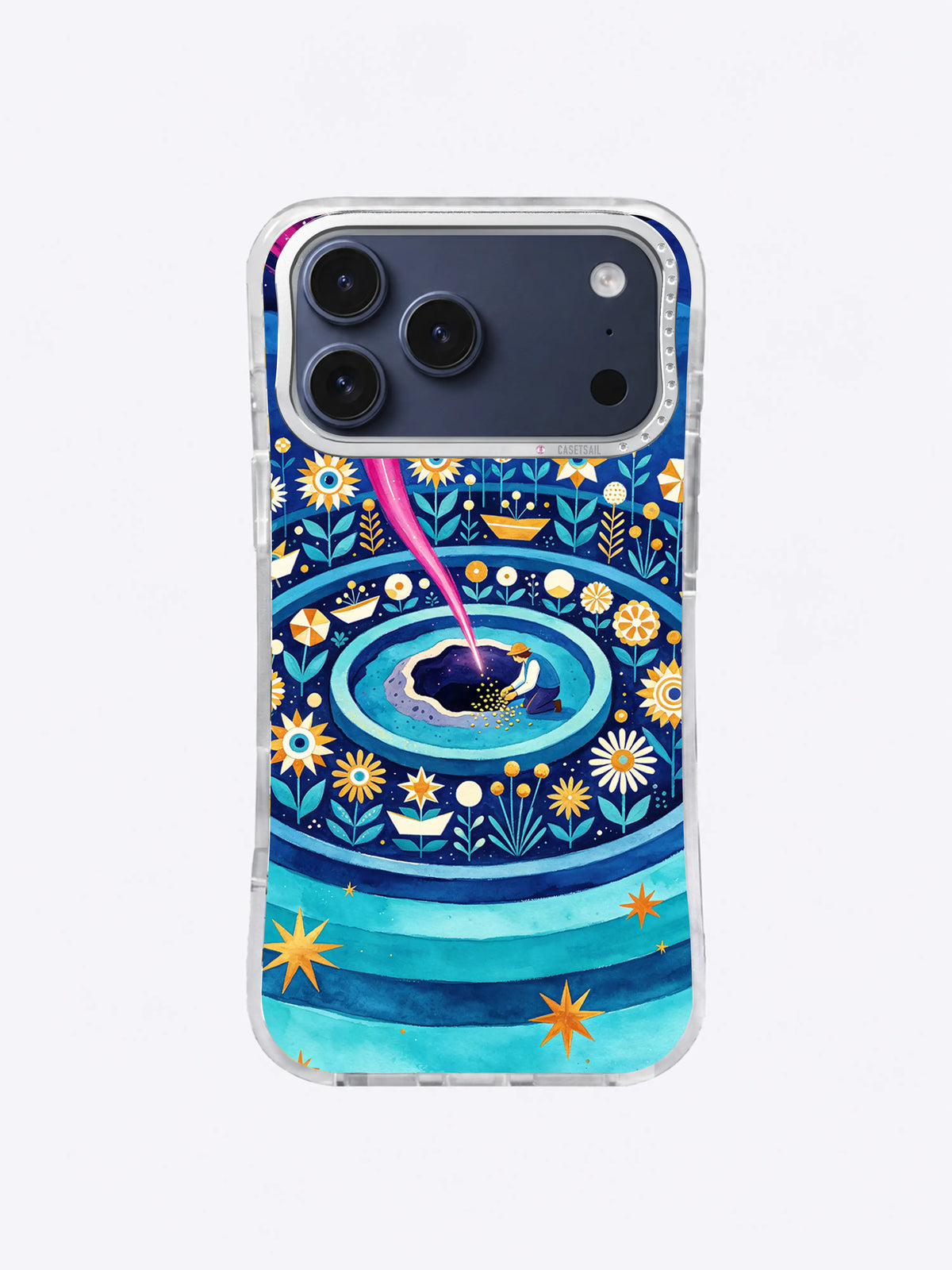 Turquoise Moonbed iPhone case artwork with aqua garden bands, pink comet, and celestial flowers