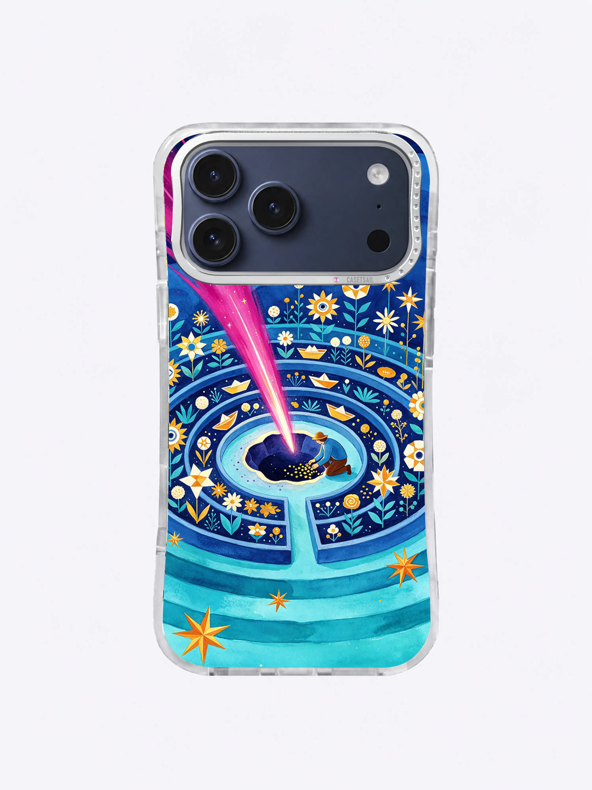 Unnamed Color Harvest iPhone case artwork with comet, unusual blooms, turquoise rings, and midnight sky