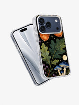 Angled phone view showing the Copper Acorn Moon Grove artwork on a clear case