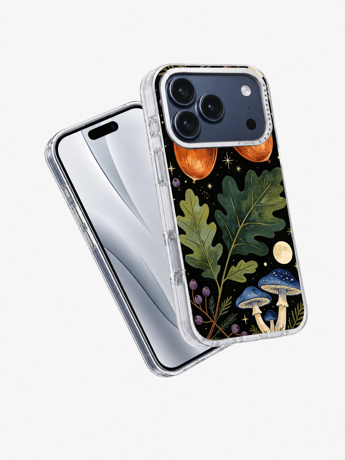 Angled phone view showing the Copper Acorn Moon Grove artwork on a clear case
