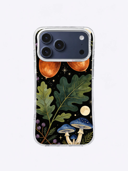 Copper Acorn Moon Grove artwork with copper acorns, oak leaves, blue mushrooms, and an ivory moon on black