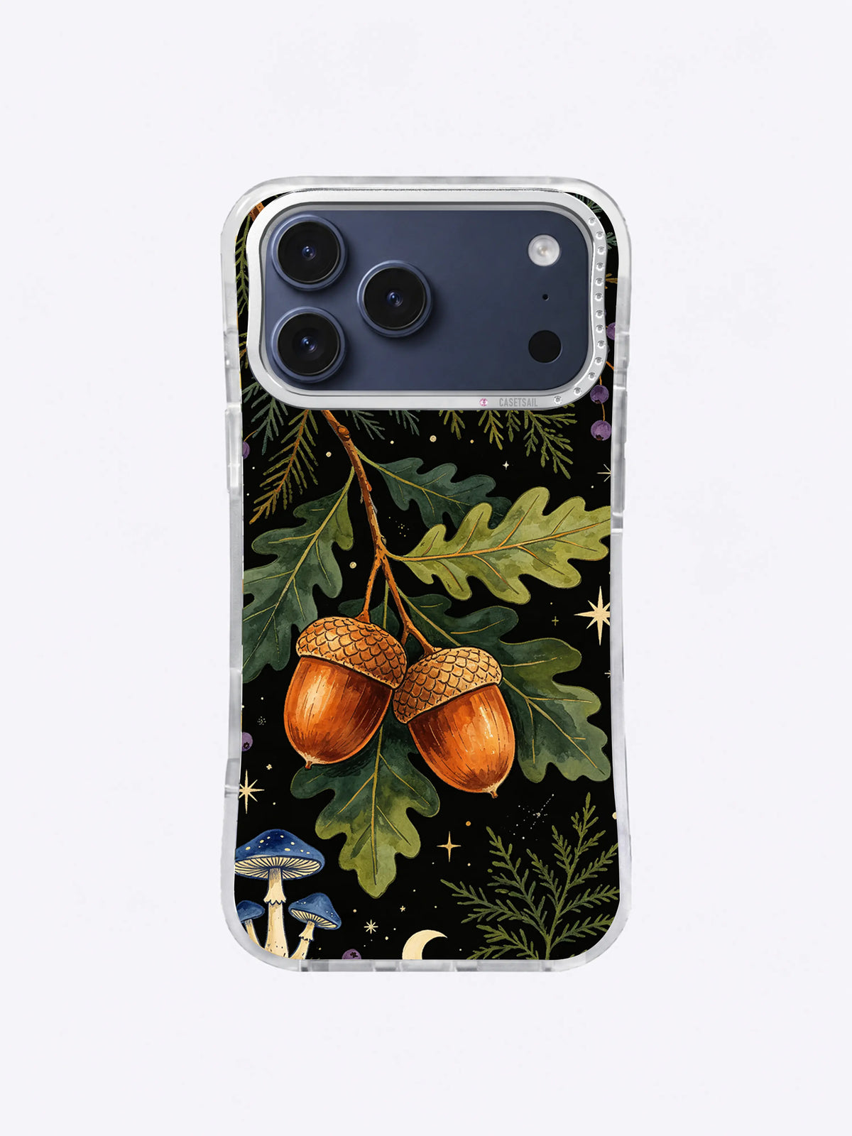 Oak Leaf Seed Cosmos pattern with paired copper acorns, green oak leaves, blue mushrooms, and small stars