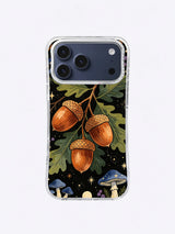Violet Mushroom Acorn Night artwork with three copper acorns, oak branches, blue-violet mushrooms, and ivory circles