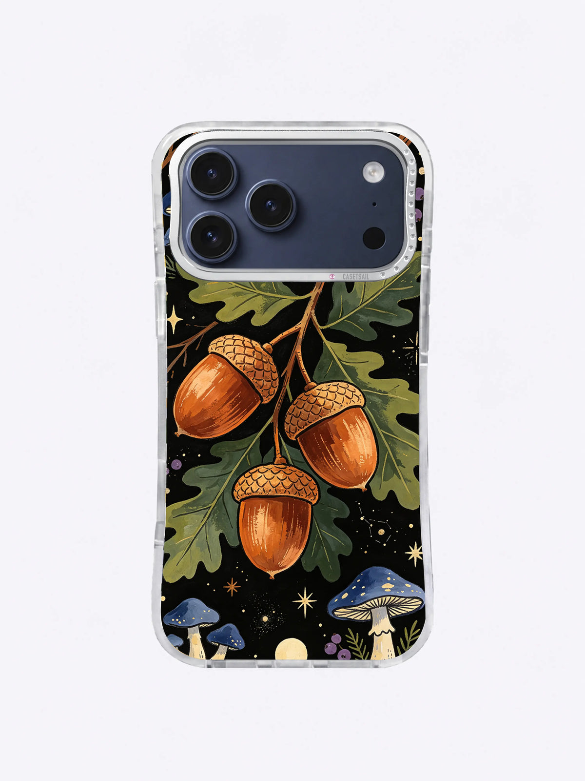 Violet Mushroom Acorn Night artwork with three copper acorns, oak branches, blue-violet mushrooms, and ivory circles