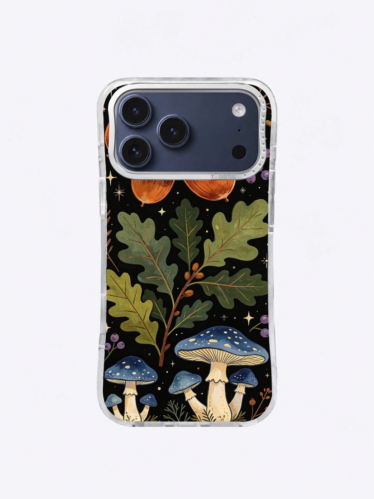 Harvest Acorn Constellation artwork with cropped copper acorns, broad oak leaves, blue mushrooms, and pale stars