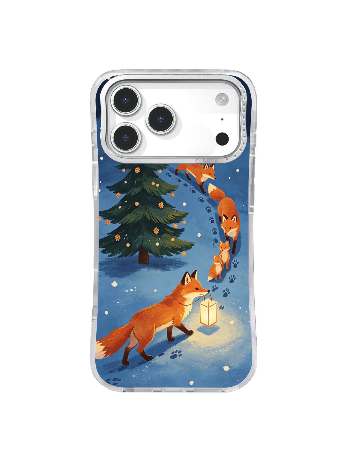Lantern-carrying copper fox leads a winter forest procession on an iPhone 17 Pro case