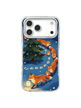 Foxes protect young kits in a midnight blue winter procession on an iPhone 17 Pro case