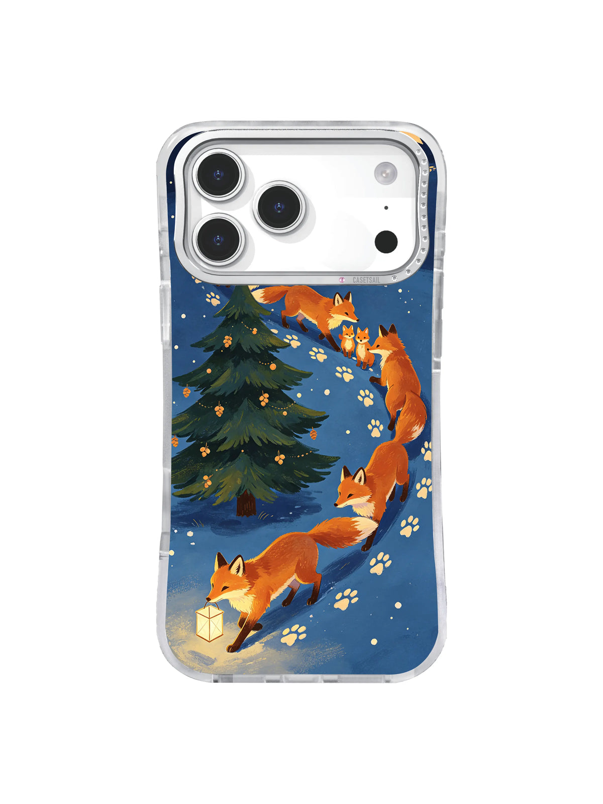 Evergreen, paper lantern and copper fox trail in folk art on an iPhone 17 Pro case