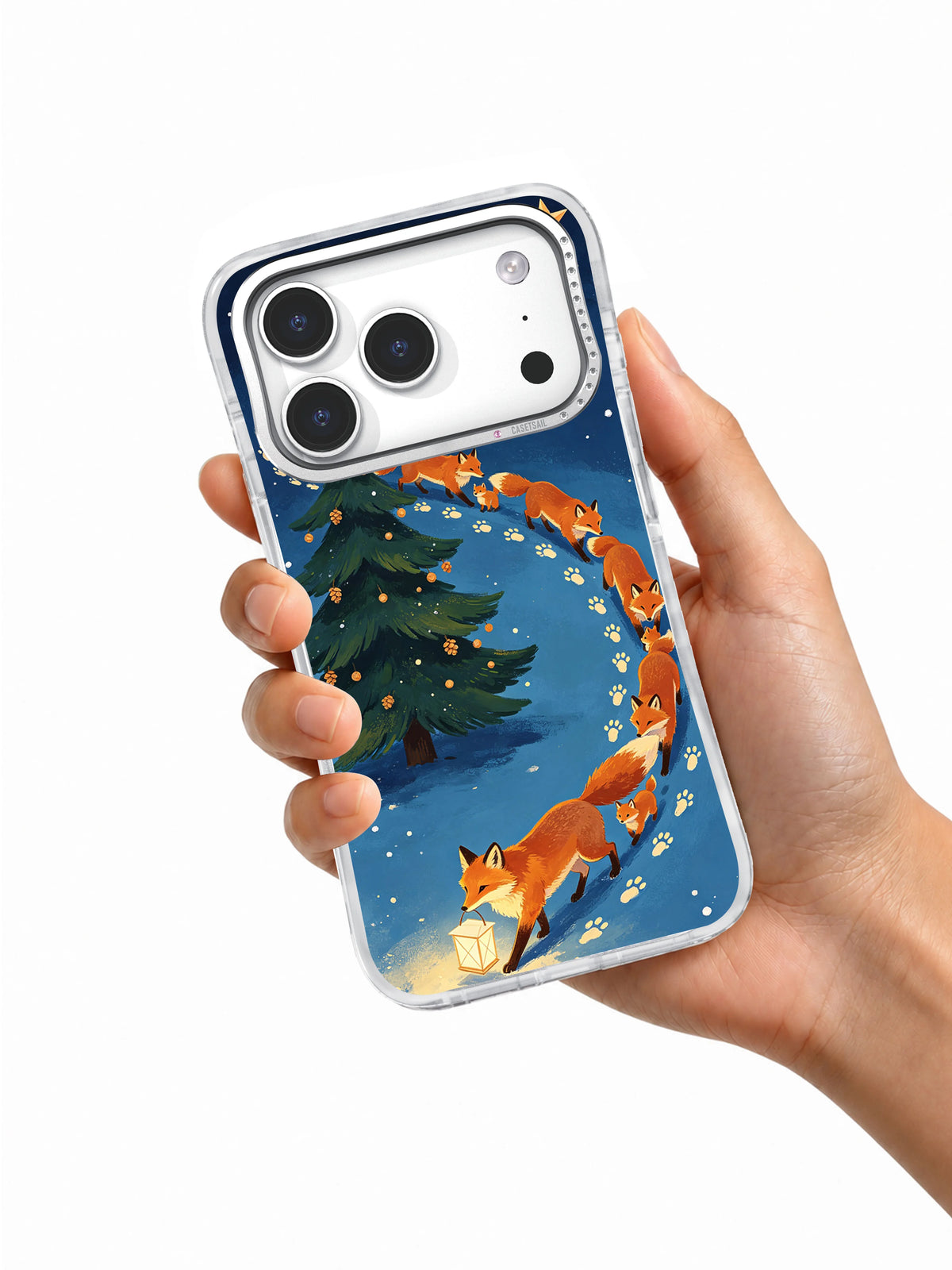 Hand holding the Copper Fox Procession iPhone 17 Pro case