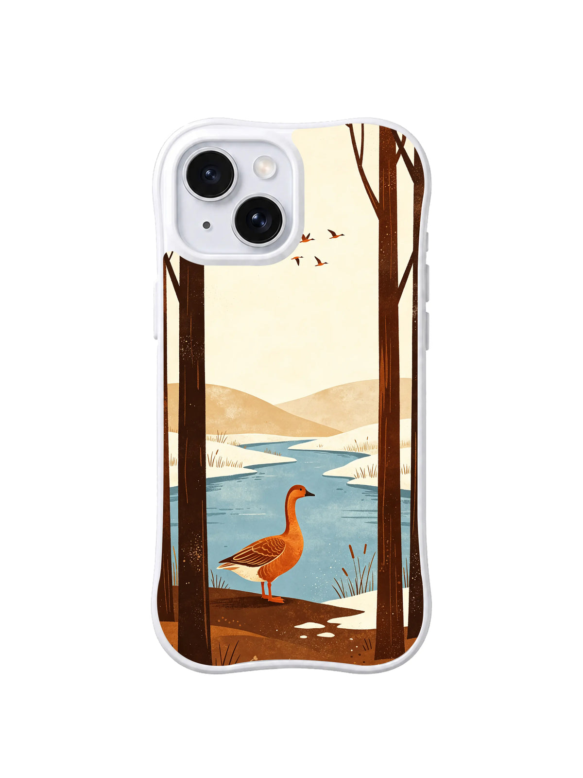 Copper goose framed by brown trunks, blue water and ivory snow, pattern 5, on a white iPhone 13 case