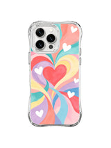 Ribbon Heart Bloom: A large coral heart sits inside looping pink, turquoise, yellow and lavender ribbons with white hearts.