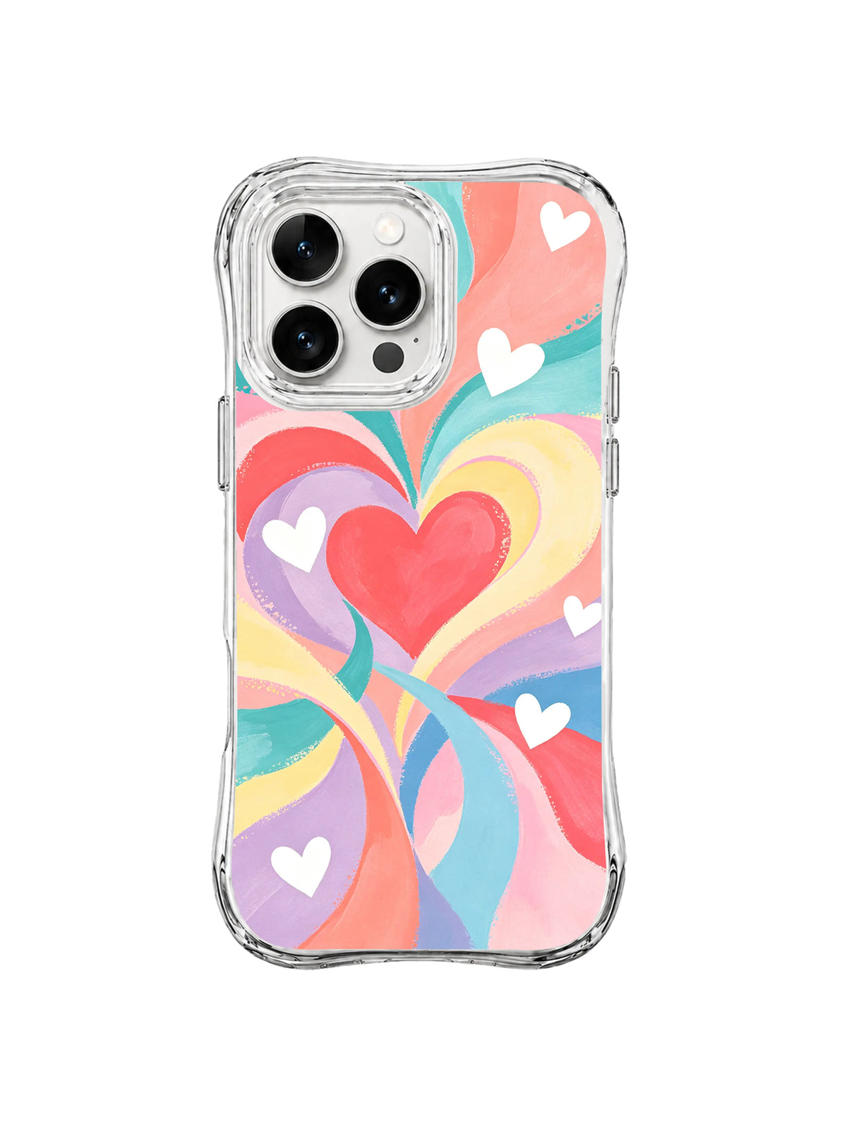 Ribbon Heart Bloom: A large coral heart sits inside looping pink, turquoise, yellow and lavender ribbons with white hearts.