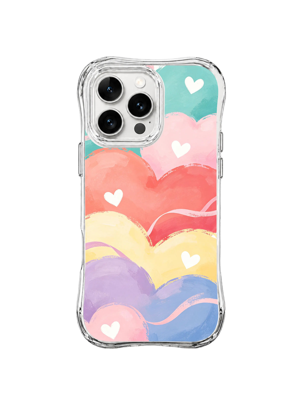 Pastel Heart Horizon: White hearts dot layered turquoise, pink, coral, yellow, lavender and blue heart-shaped bands.