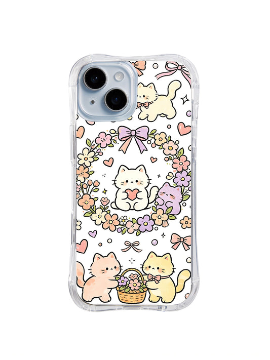 Ribbon Wreath Cat Friends: Pastel cats sit inside flower wreaths among bows and hearts.