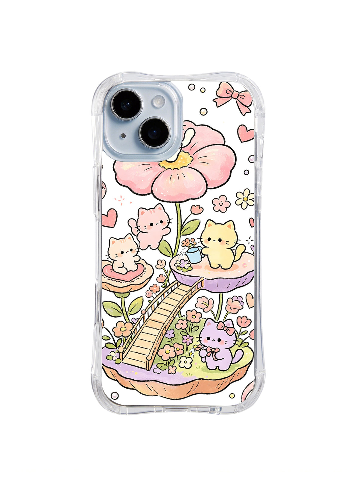 Giant Blossom Cat Garden: Kediler dev pembe çiçek, köprü ve katmanlı bahçe yollarının çevresinde oynar.