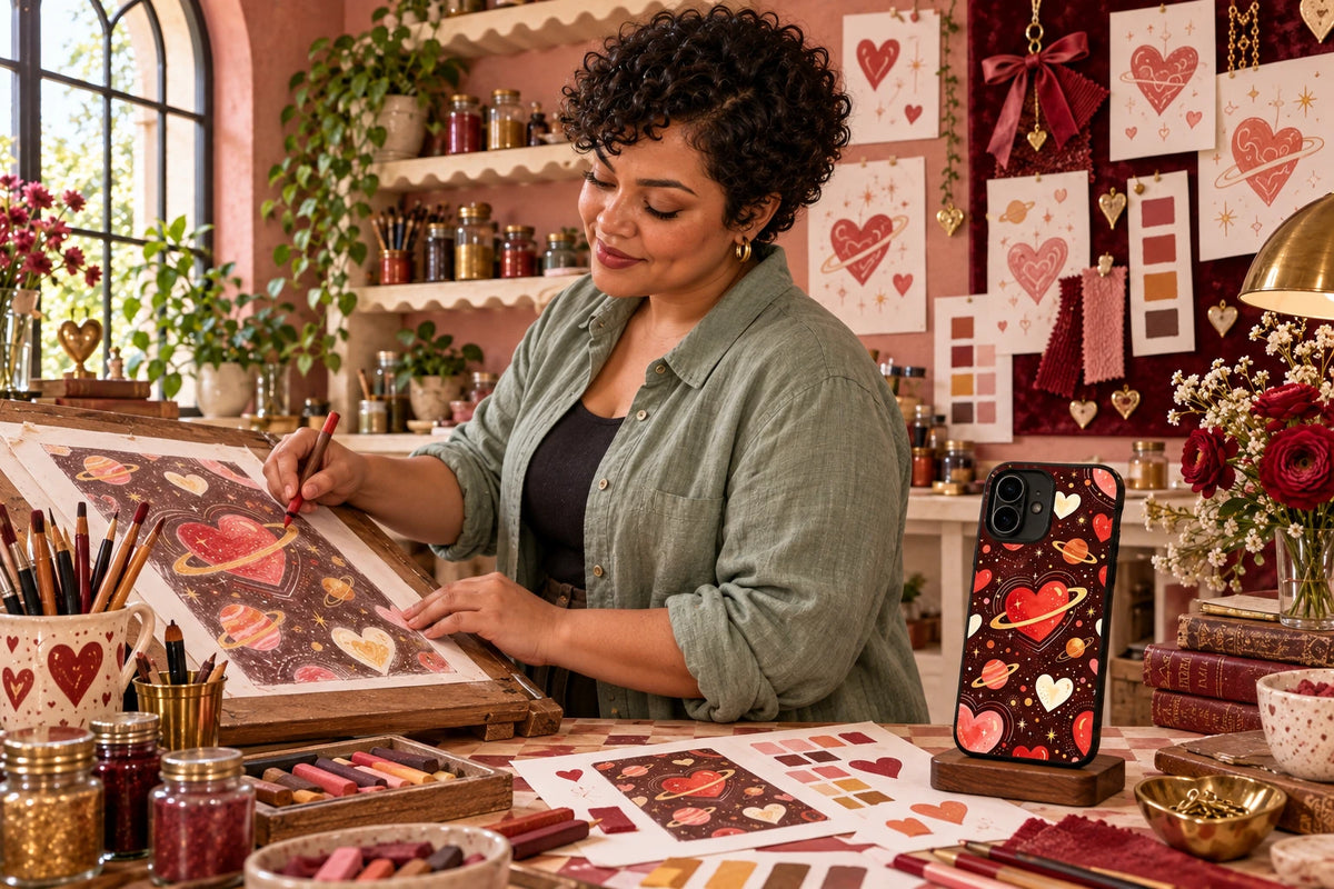 AI visualization of Cora Heartwell creating phone-case illustrations in a distinctive studio