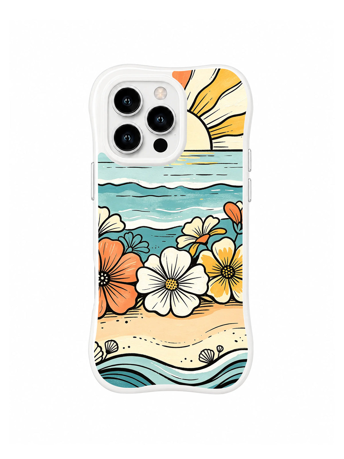Sunset Flower Shore: Coral, cream and yellow flowers line a sandy shore beneath teal waves and a yellow sky.