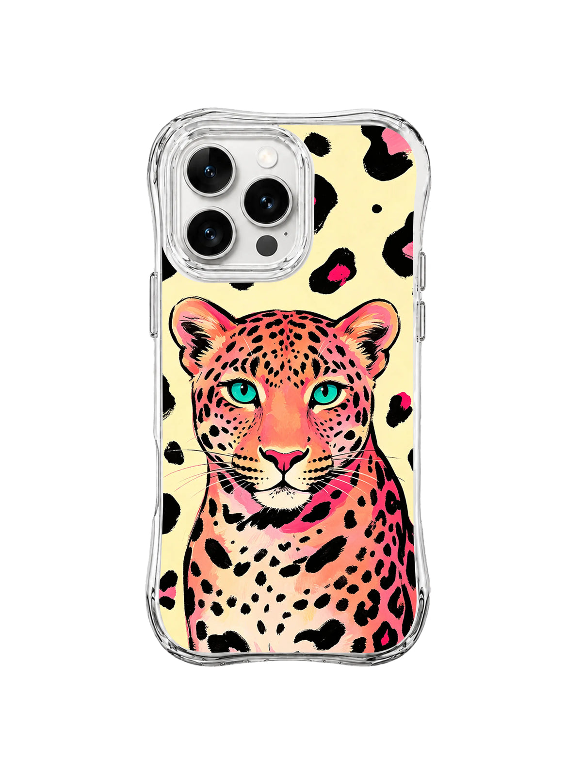 Small coral cheetah portrait with turquoise eyes on pale yellow and black-spotted iPhone 13 Pro Max case