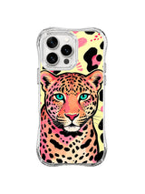 Coral cheetah with turquoise eyes and pink organic accents on cream yellow iPhone 13 Pro Max case