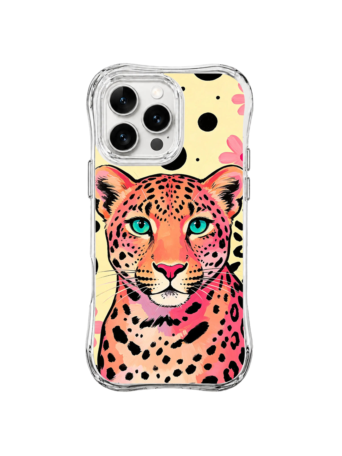 Close coral cheetah portrait with turquoise eyes and round black background spots on iPhone 13 Pro Max case