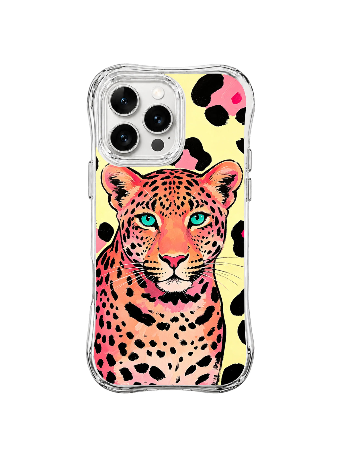 Tall coral cheetah with turquoise eyes and large black pink spots on iPhone 13 Pro Max case