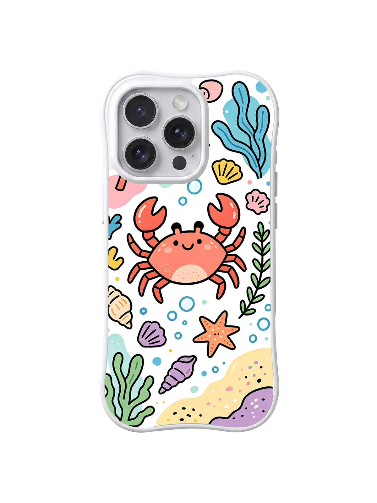 Big Happy Crab: A large smiling red crab stands among shells, sea plants, starfish and sand.