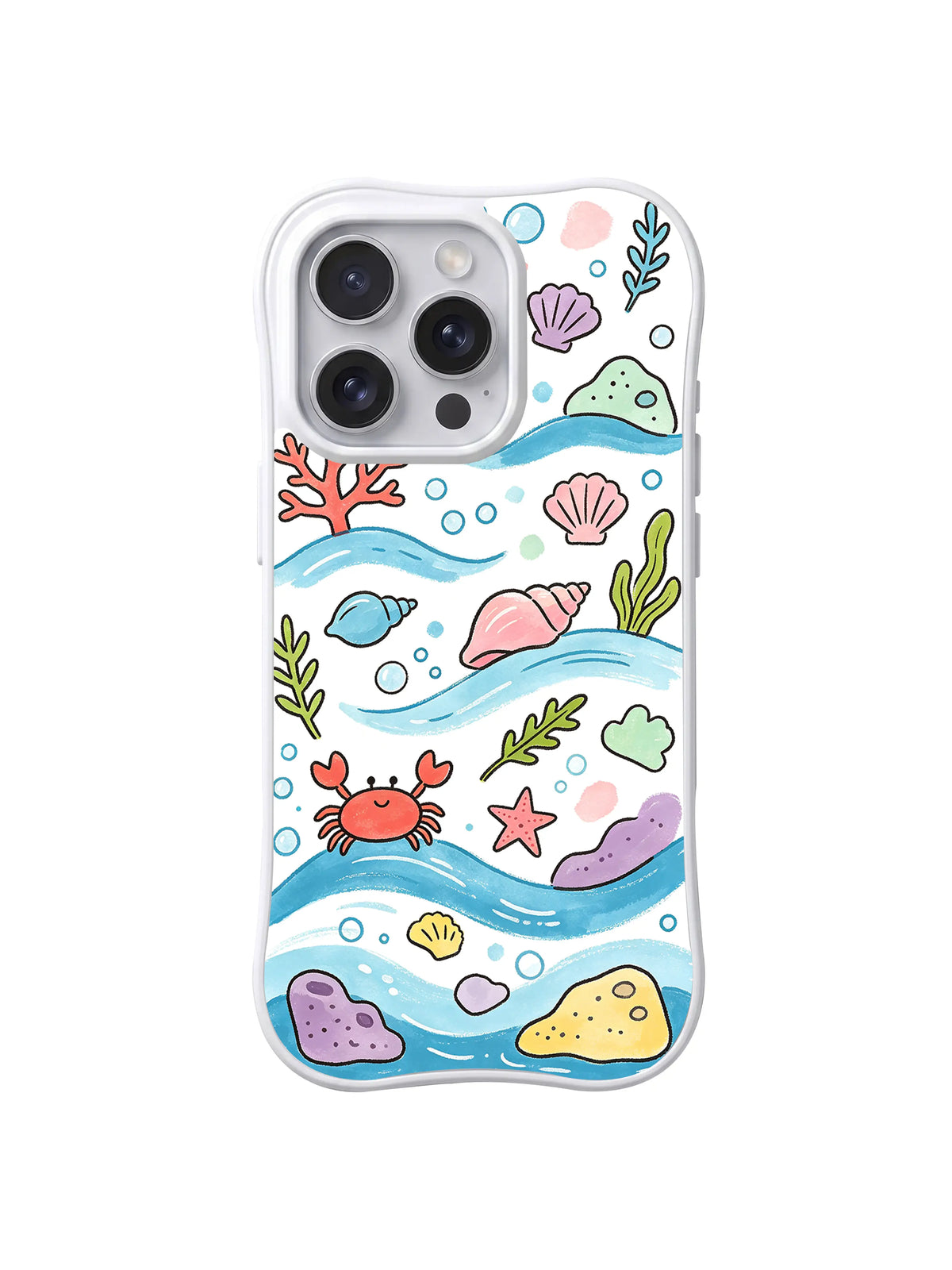 Ocean Wave Parade: A red crab crosses layered blue waves among shells, fish, coral and rocks.