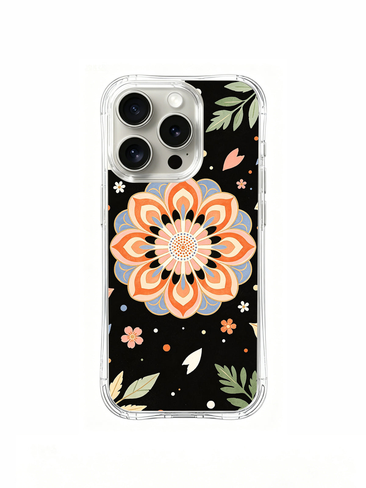 Coral Flower Archive iPhone 15 Pro case with orange botanical medallion